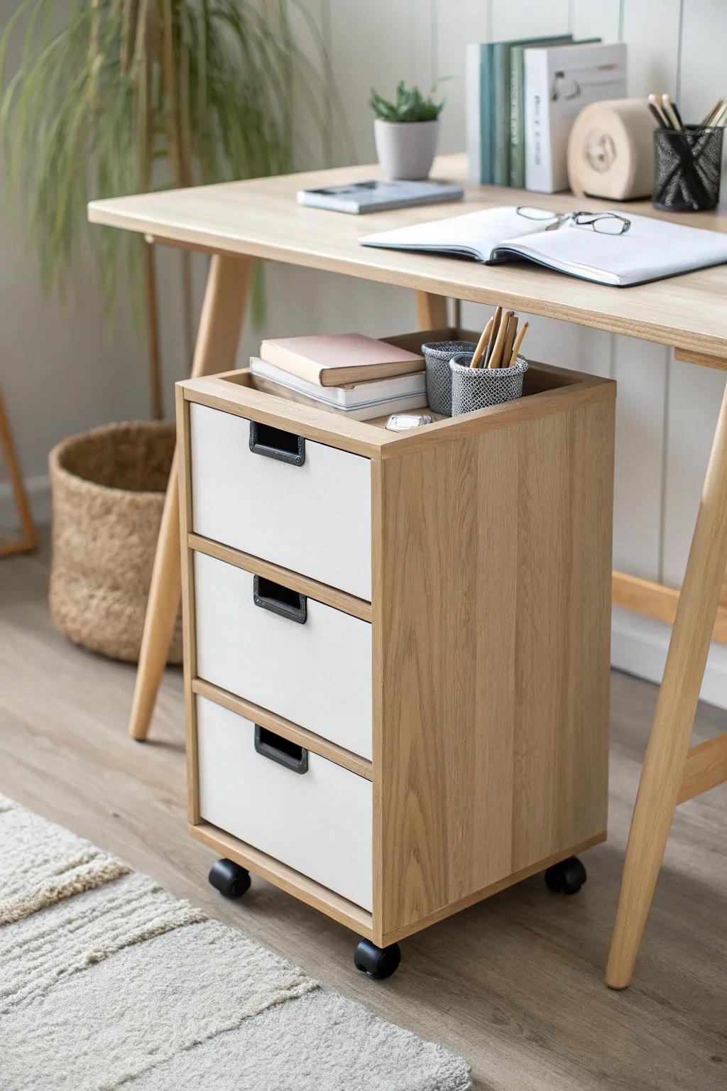 A slim rolling drawer unit keeps pocket office supplies hidden, tidy, and easy to grab.