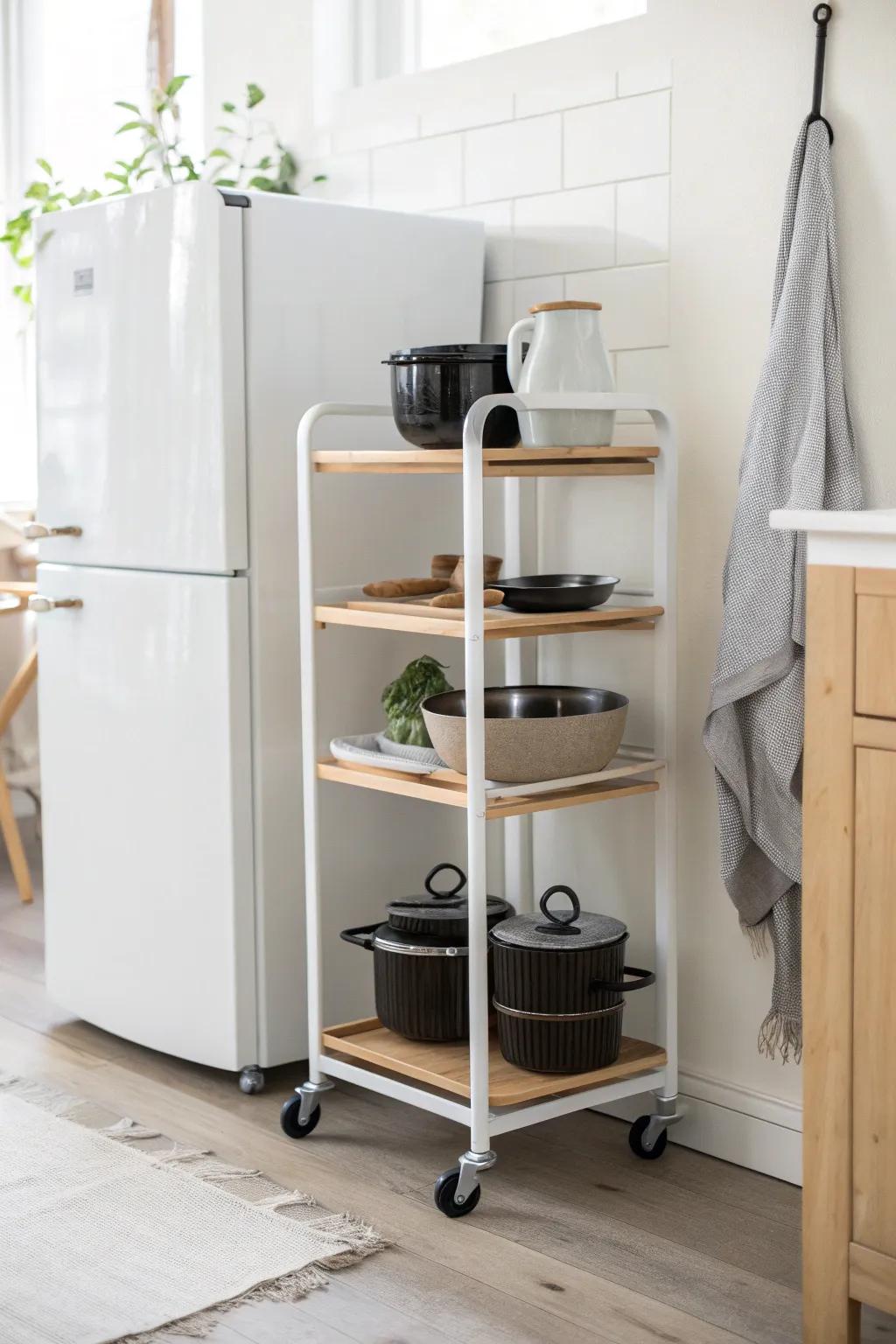 Slim rolling cart turns tight galley space into a chic, tuck-away pots & pans garage.