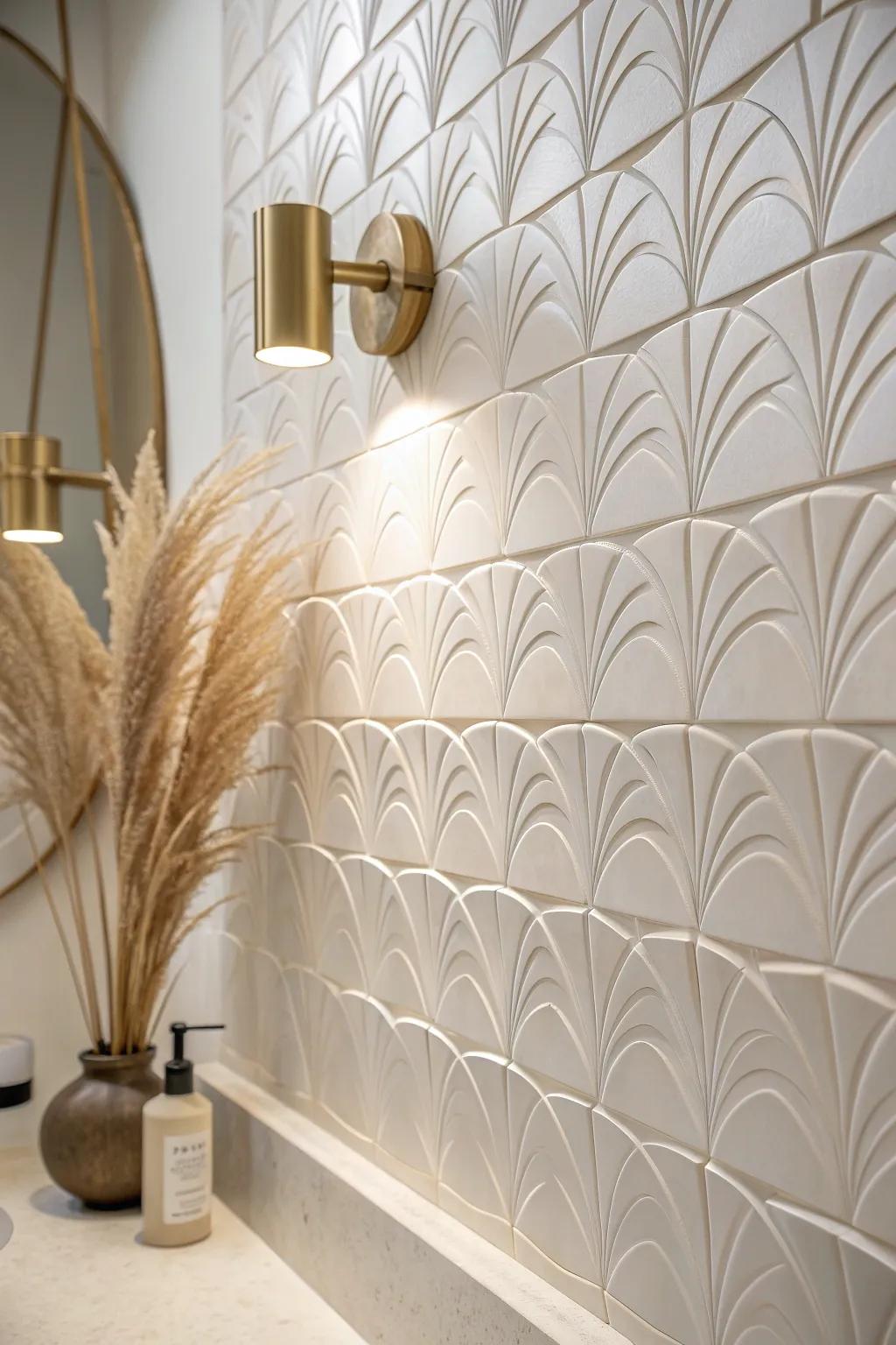 3D textured tile turns a tiny powder room into a light-catching statement wall, all day long.