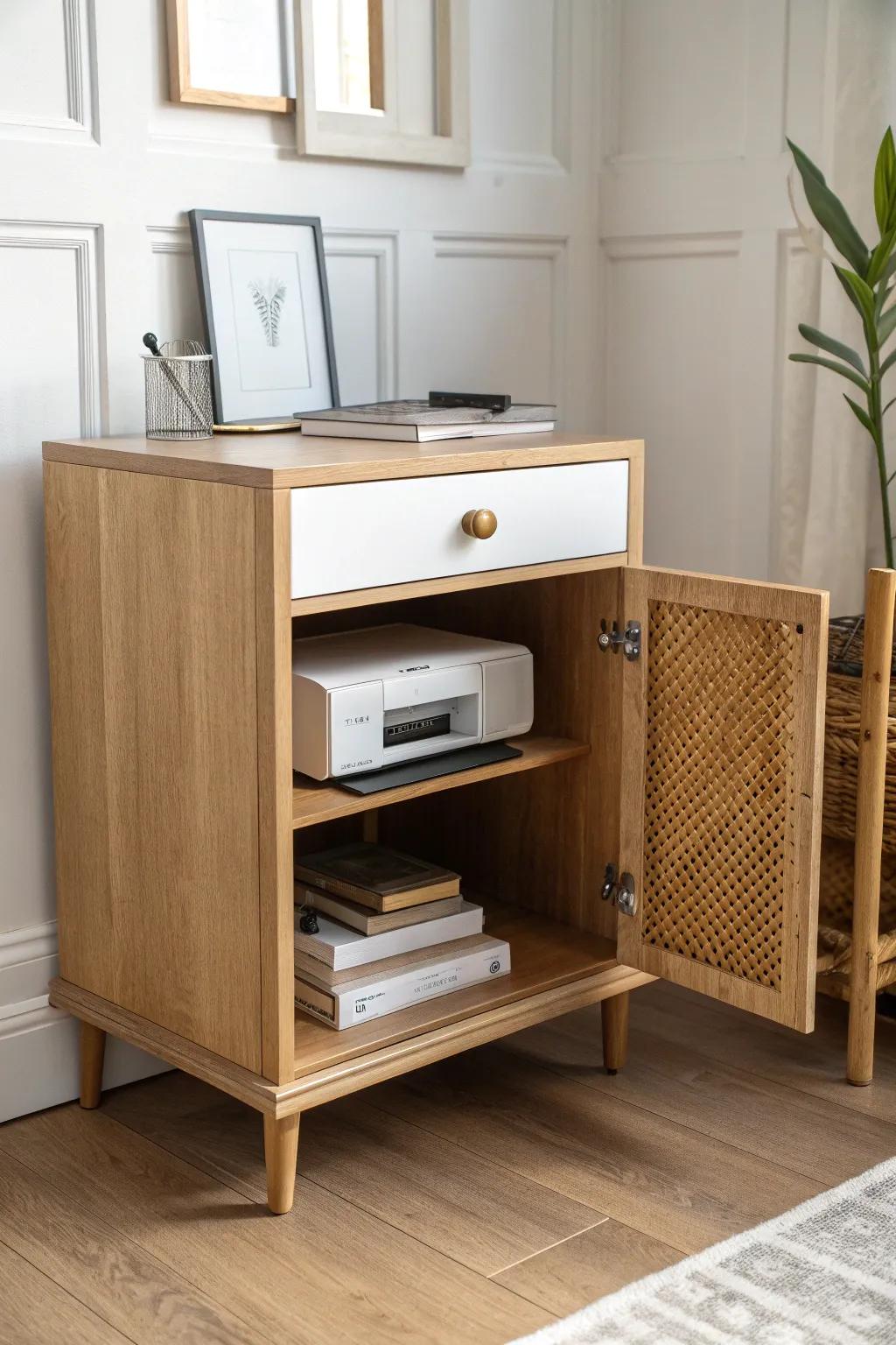 Turn a small nightstand into a chic printer cabinet—hidden storage that keeps bedrooms calm.