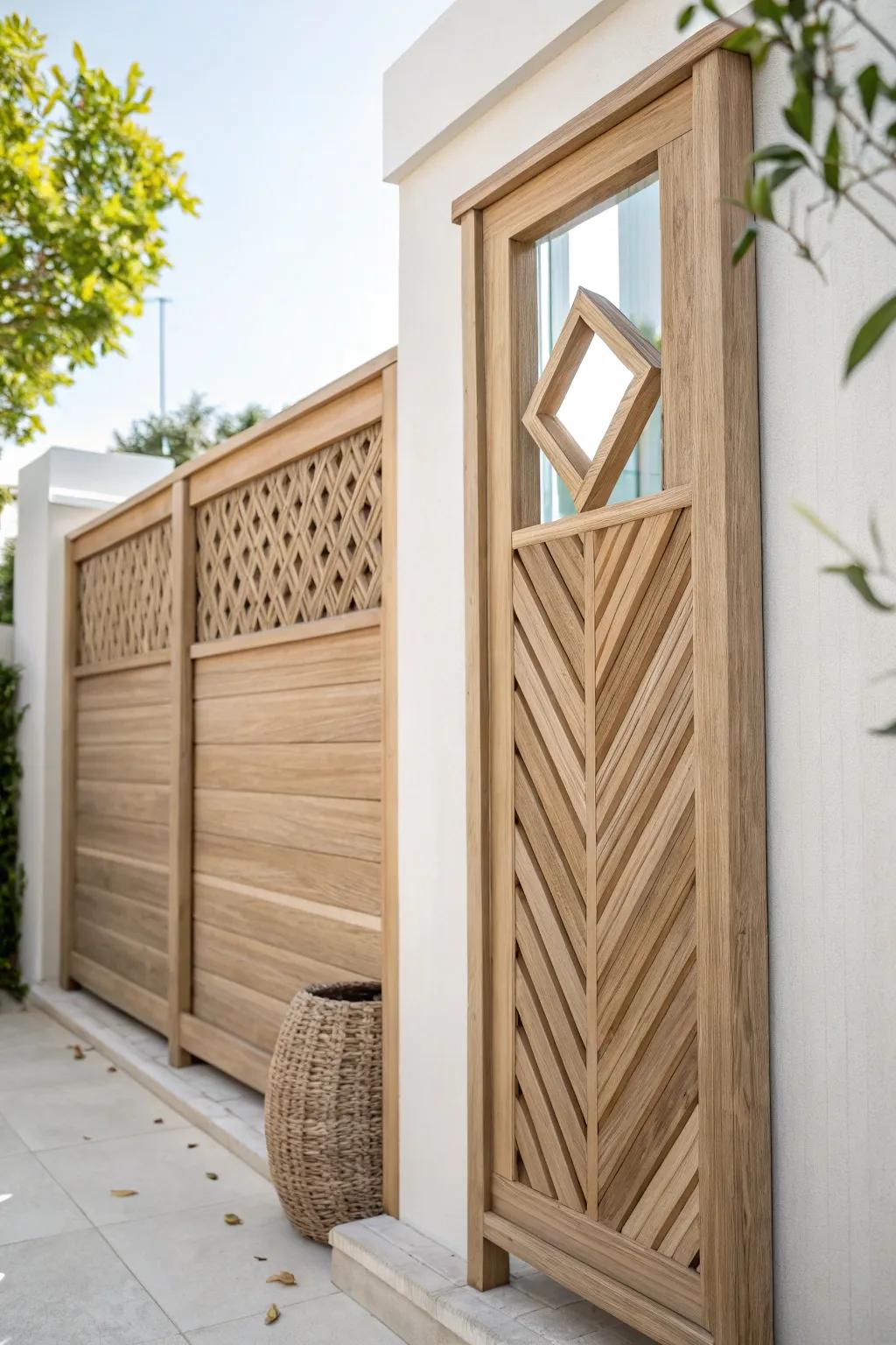A tiny “peek window” in a slatted screen adds openness—while keeping neighbor privacy intact.