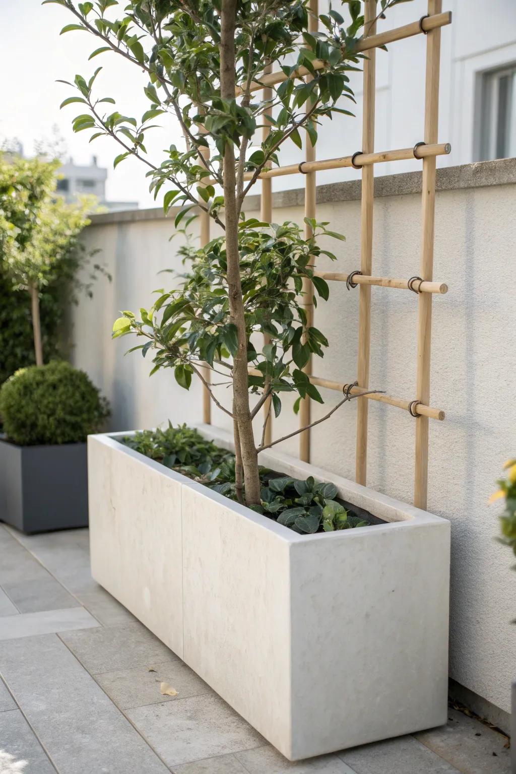 Slim privacy planter with an espalier tree—architectural greenery that screens a small patio.