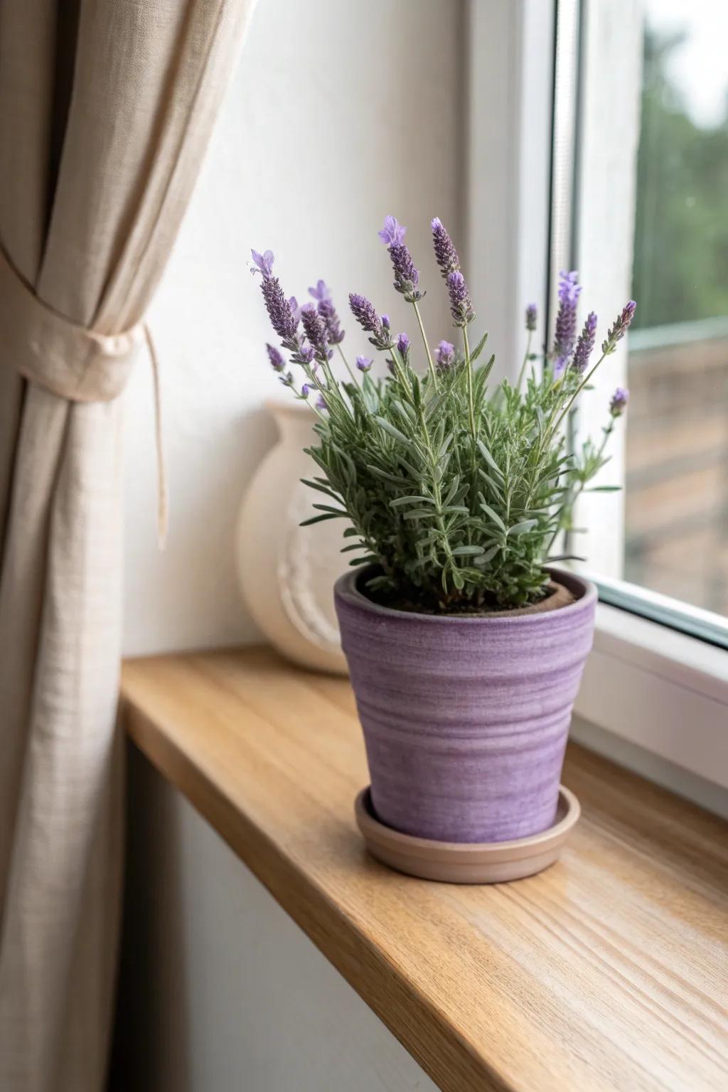 A calm dorm corner: lavender plant in a matte purple pot for fresh, cozy windowsill vibes.