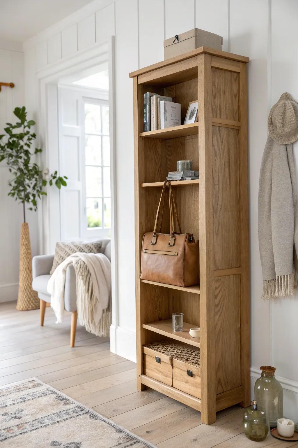 Discreet side hooks on a bookcase keep everyday purses off the sofa—no extra furniture.