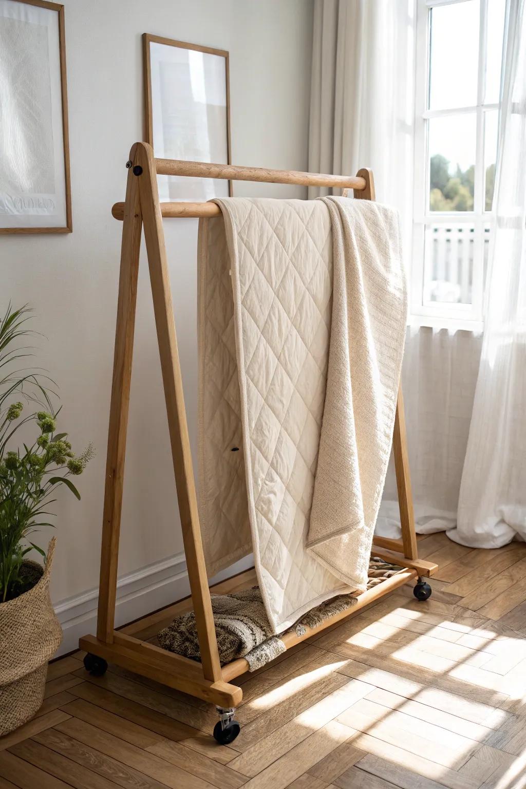 A rolling quilt rack that glides room to room—perfect for quick refreshes and airing quilts.
