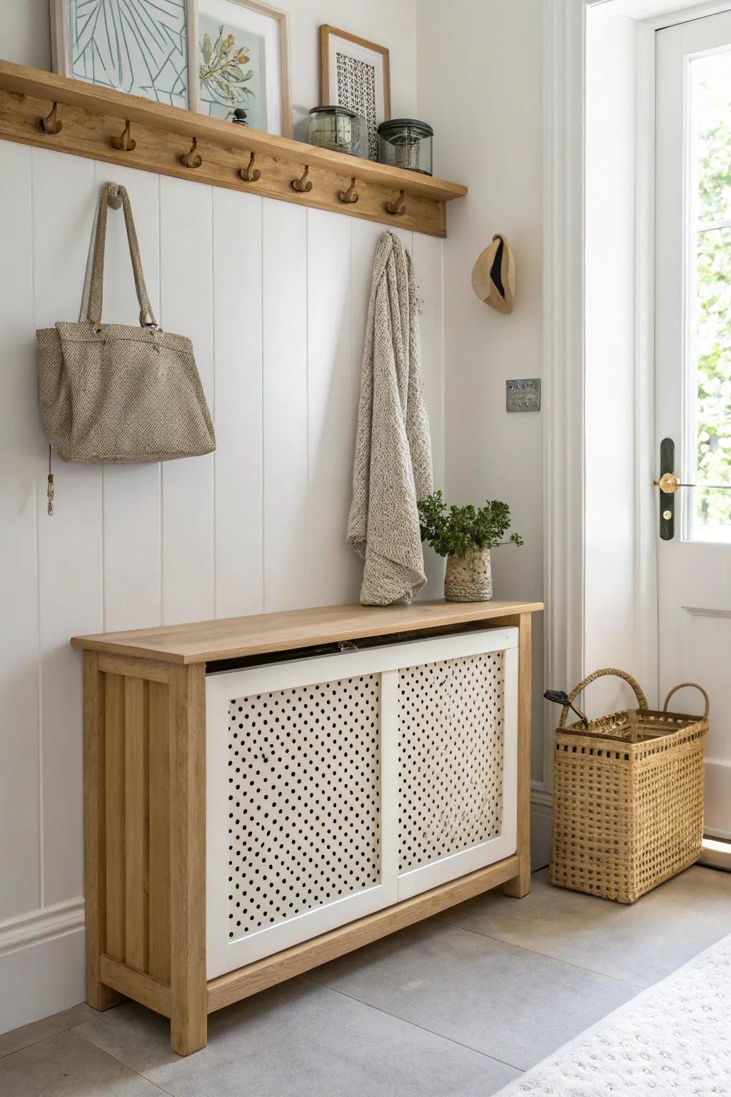 Vented pegboard radiator cover that doubles as tiny mudroom storage—minimal and beautiful.