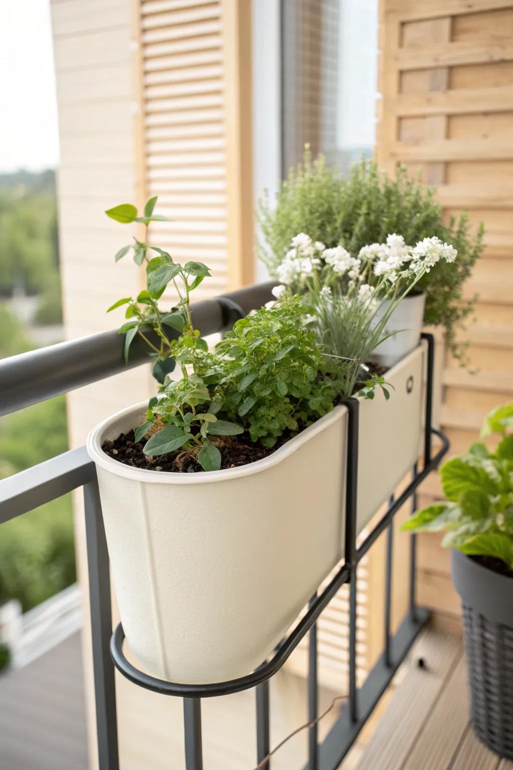 A sleek self-watering railing planter keeps balcony herbs lush—even when you forget to water.