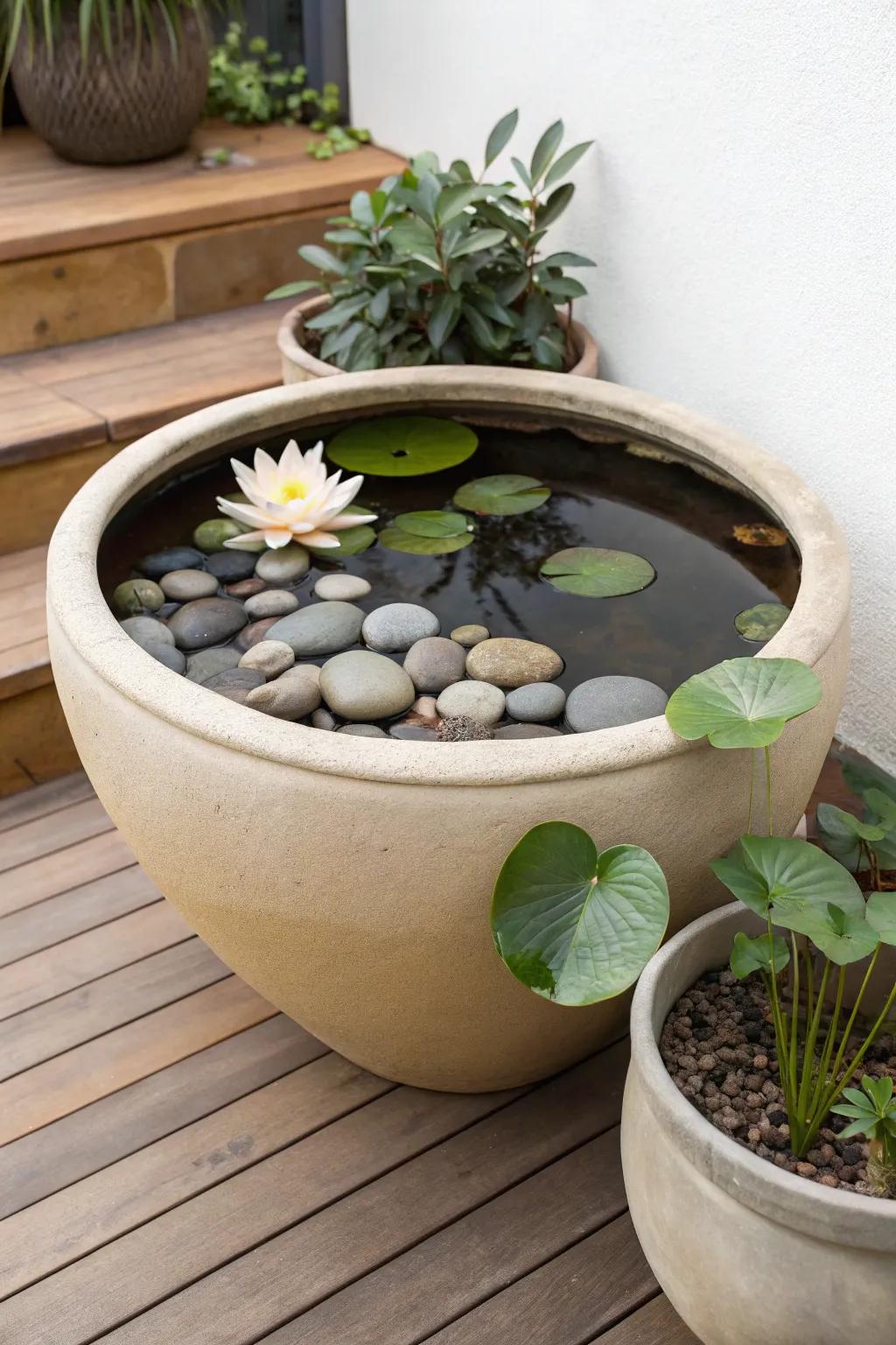 A large planter pond brings calm water to tiny gardens—minimal, movable, and beautifully serene.