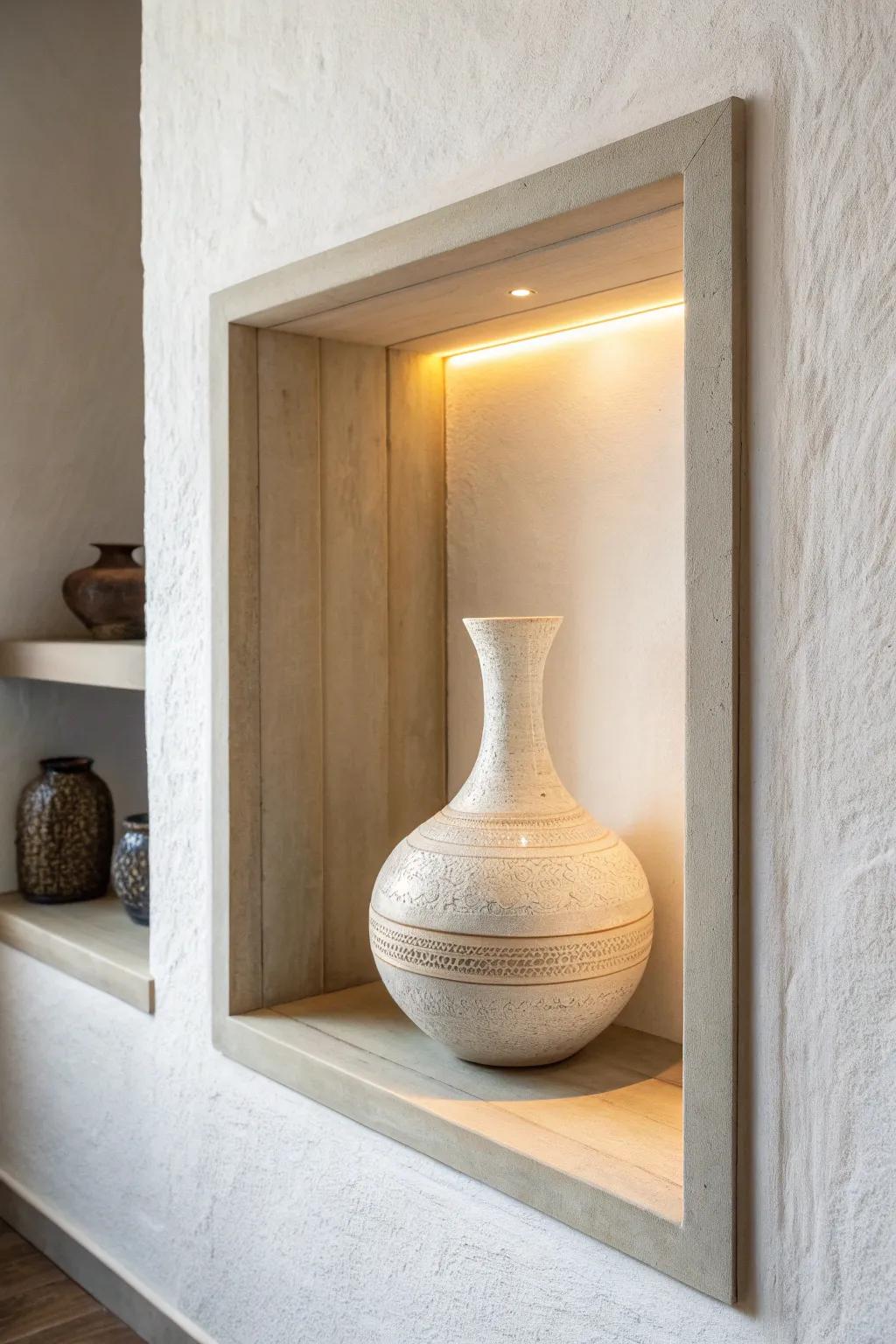 Warm LED-lit recessed niche turns one handmade vase into soft, curated wall ambiance.
