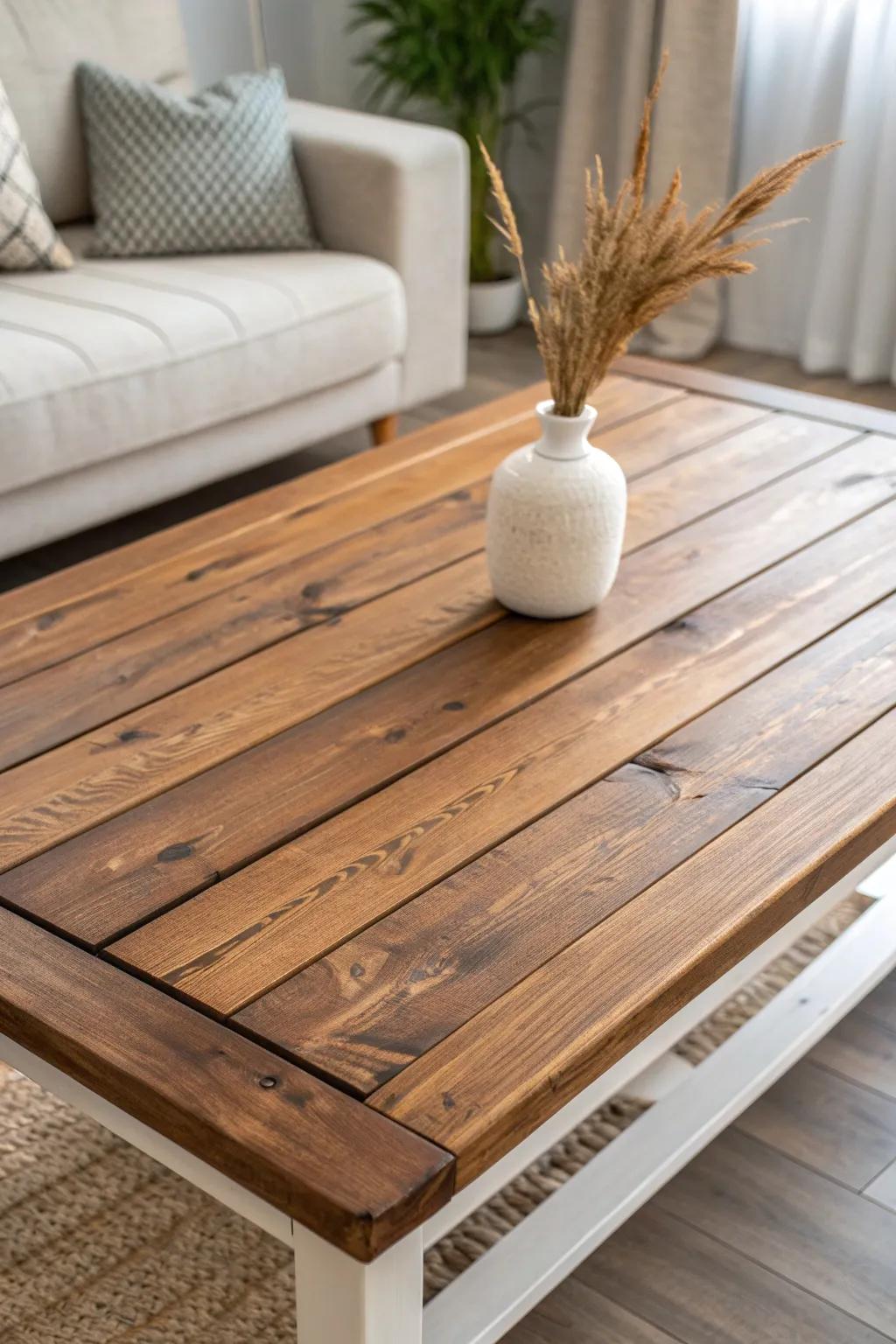Rustic plank-style coffee table top: slim boards + warm stain for an instant high-end look.