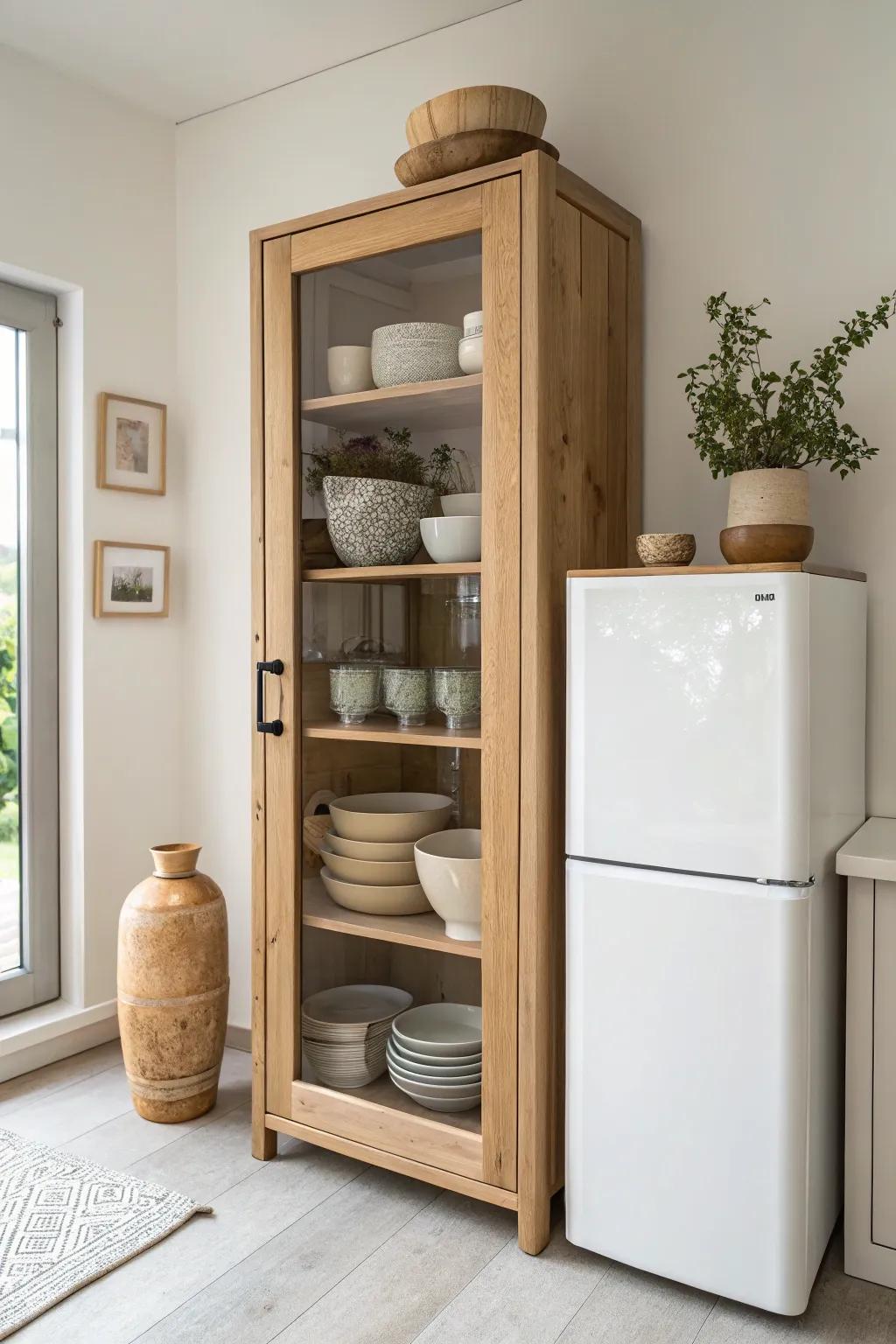 Slim fridge-side display cabinet with neutral ceramics—minimal, warm, and rental-friendly.