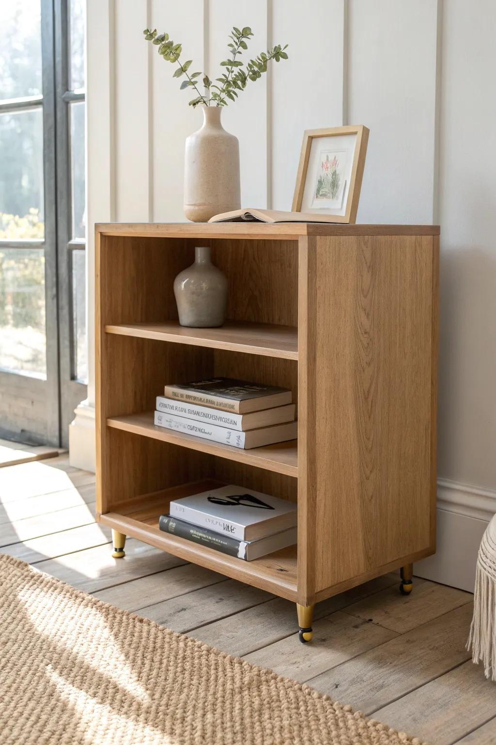 Refurbished bookshelf on locking casters—stylish rolling storage for tiny rooms and easy cleaning.