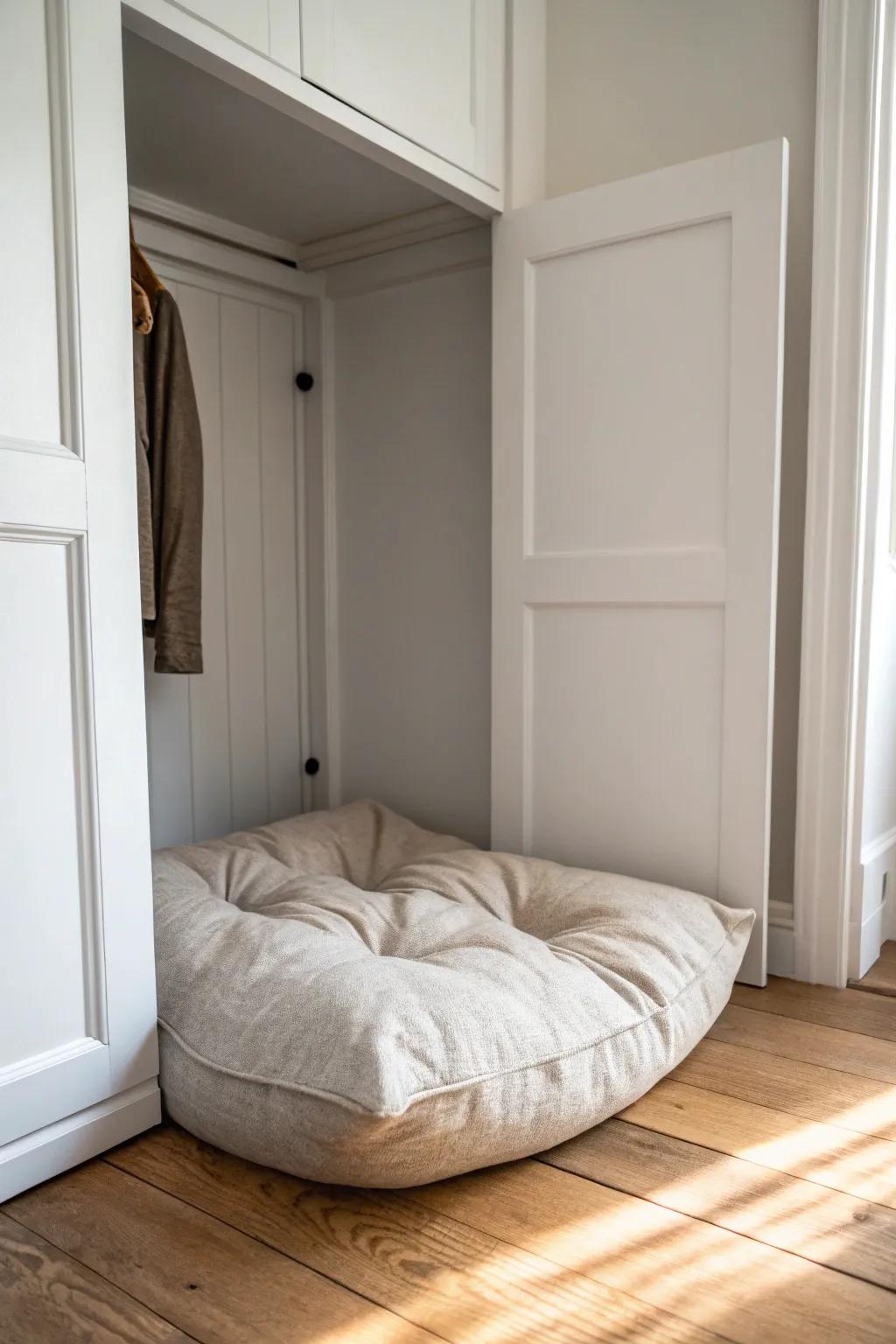 Closet-to-cozy corner: one plush linen cushion, warm glow, and a half-closed door for calm.