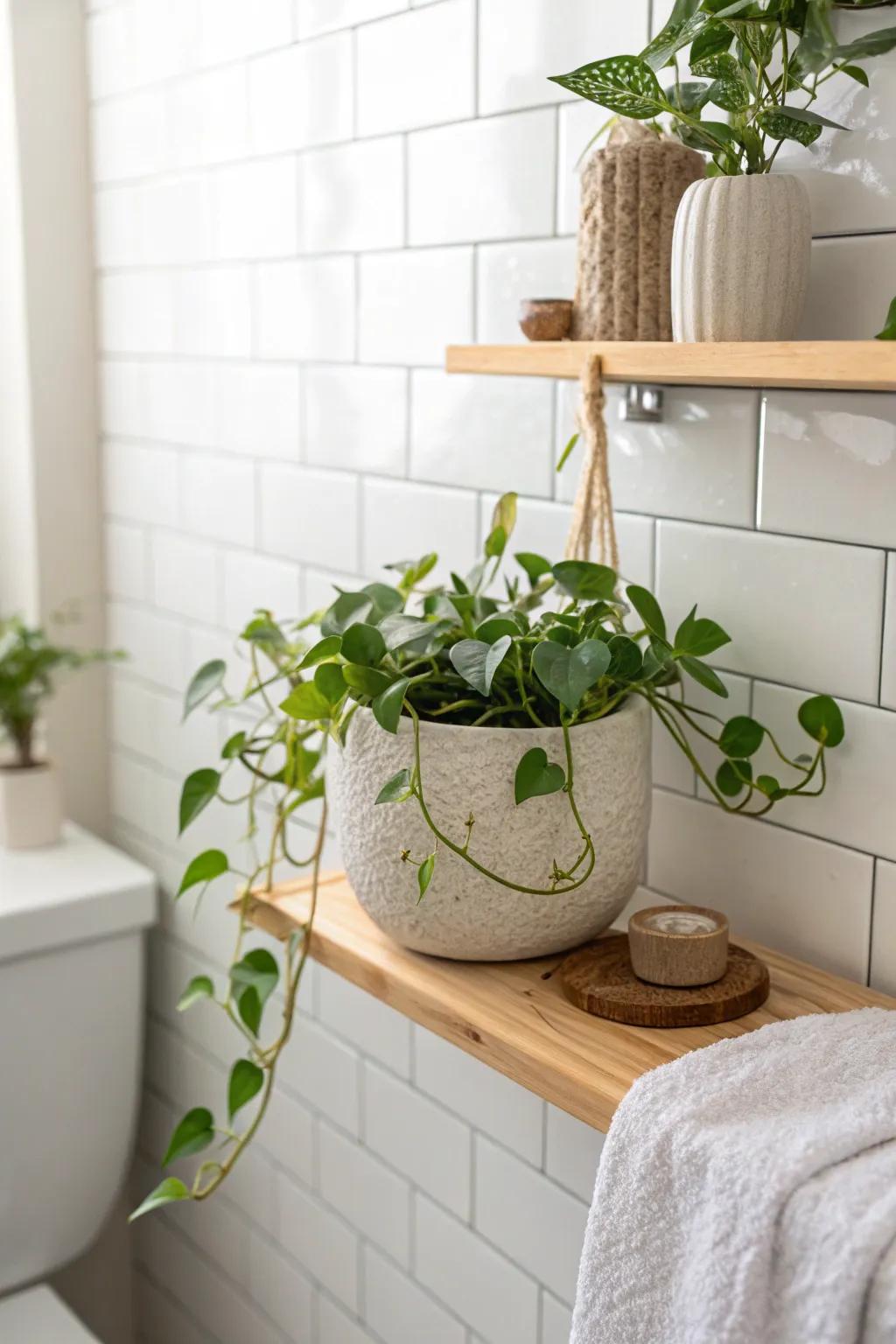 A simple faux pothos on a wood shelf makes a windowless rental bathroom feel fresh.