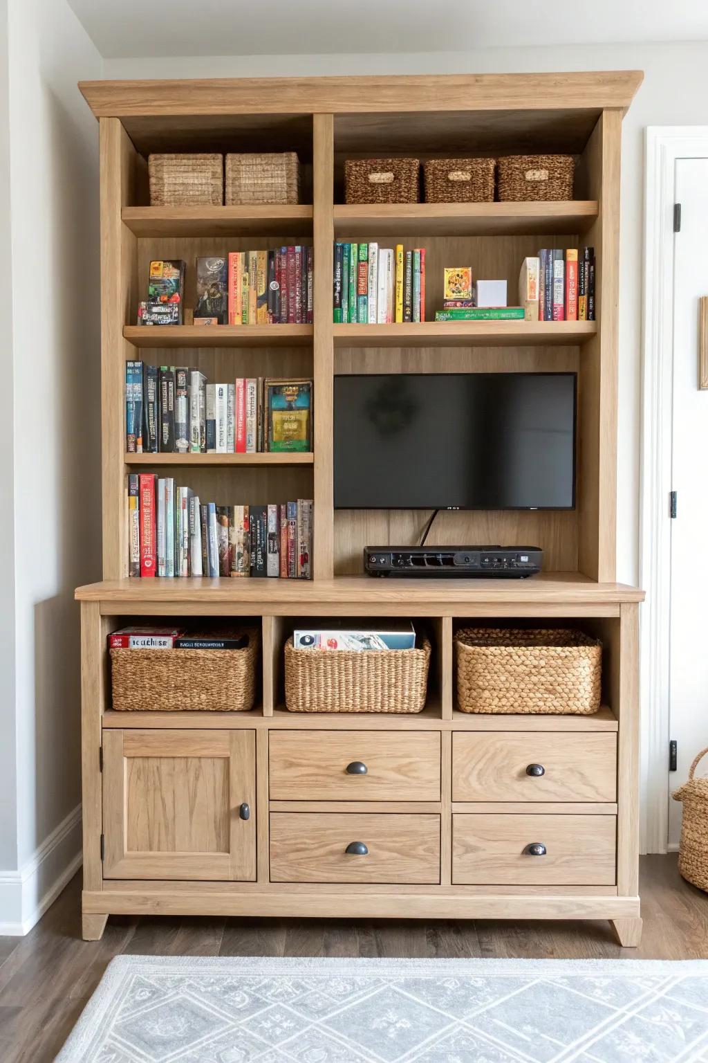 Turn an old entertainment center into a chic game closet—games like books, puzzles in baskets.
