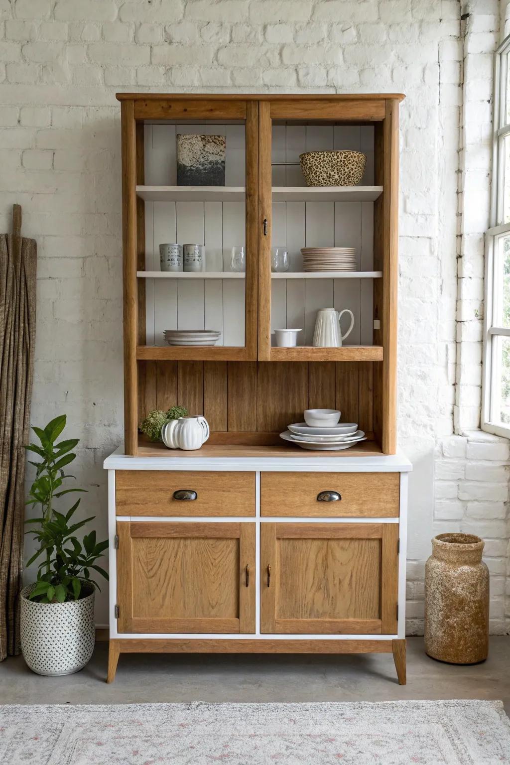 Split a vintage china cabinet: wall shelving + slim console for airy small-space storage.