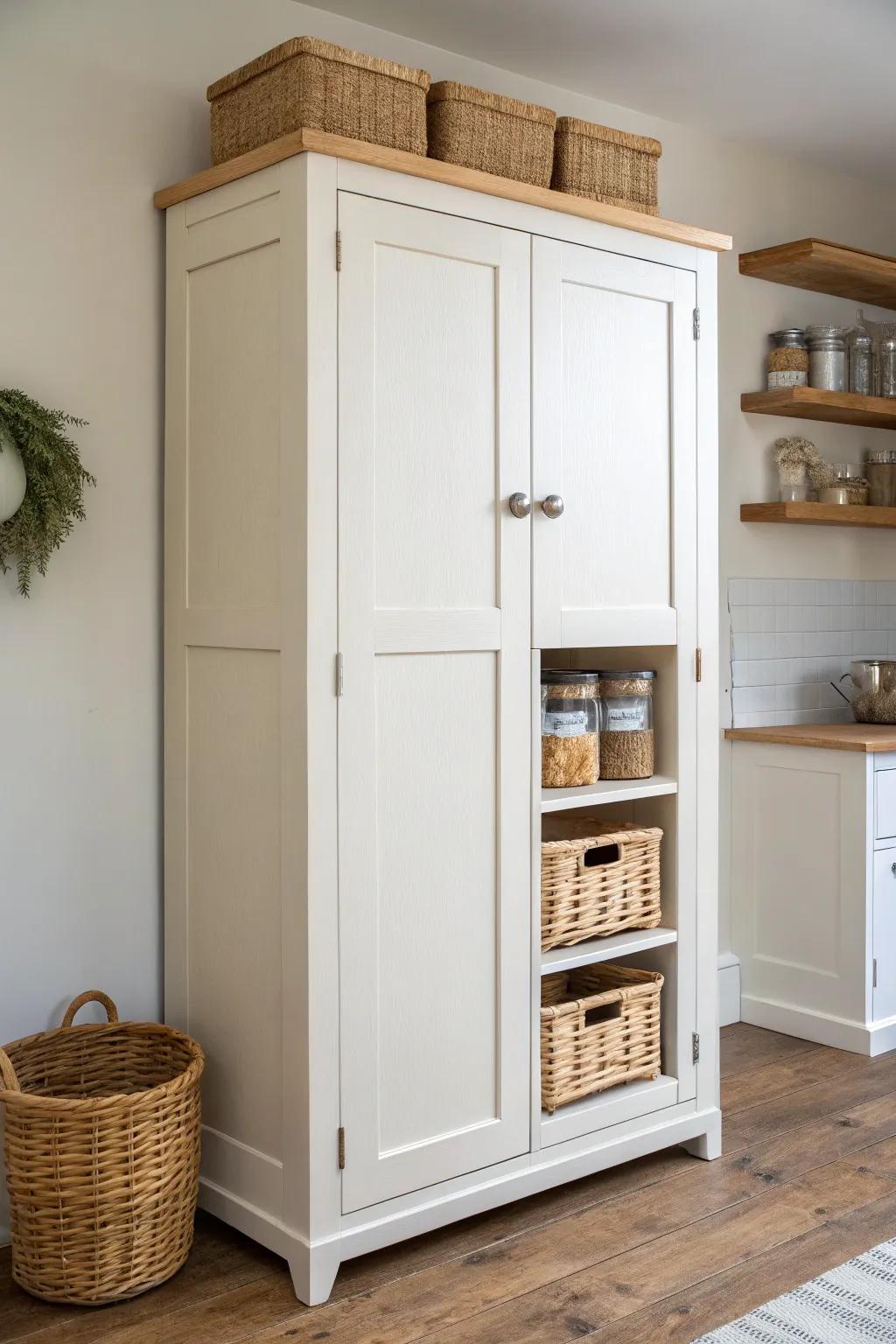 Repurposed tall cabinet pantry with pull-out bins—beautiful overflow storage for small spaces.