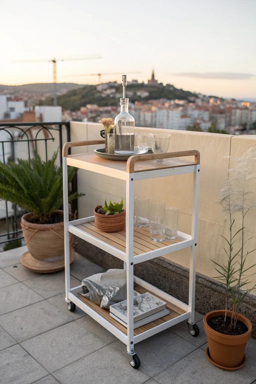 A rolling rooftop cart that shifts from coffee station to sunset drinks—styled, not utilitarian.