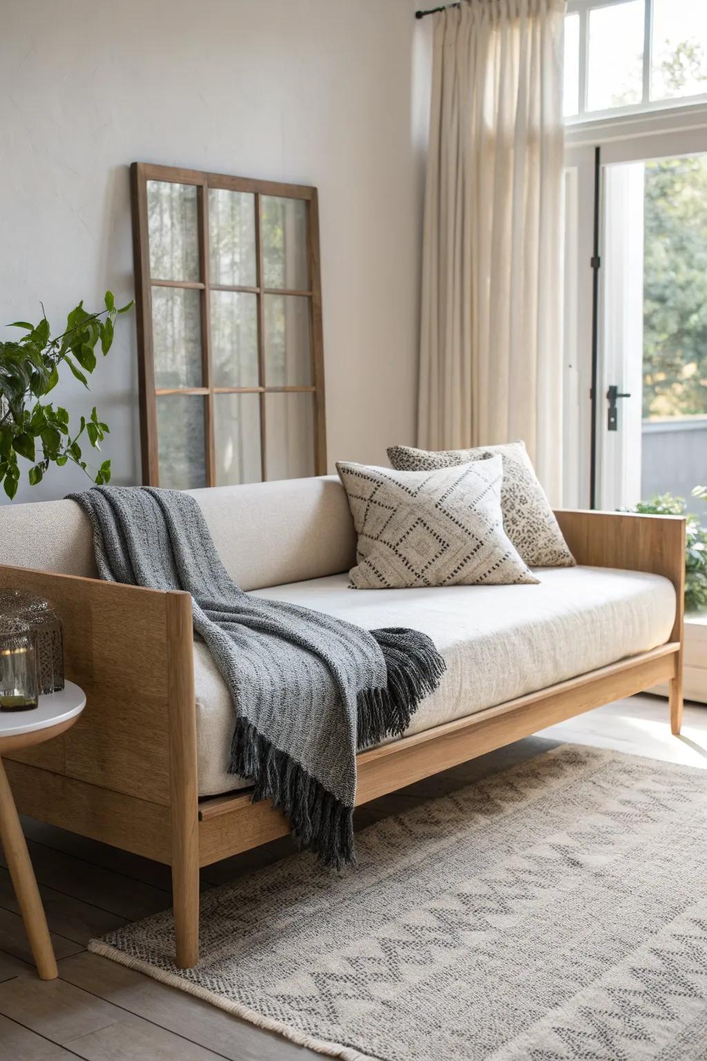A minimalist daybed turned room divider—softly zoning a studio with Nordic-boho calm.