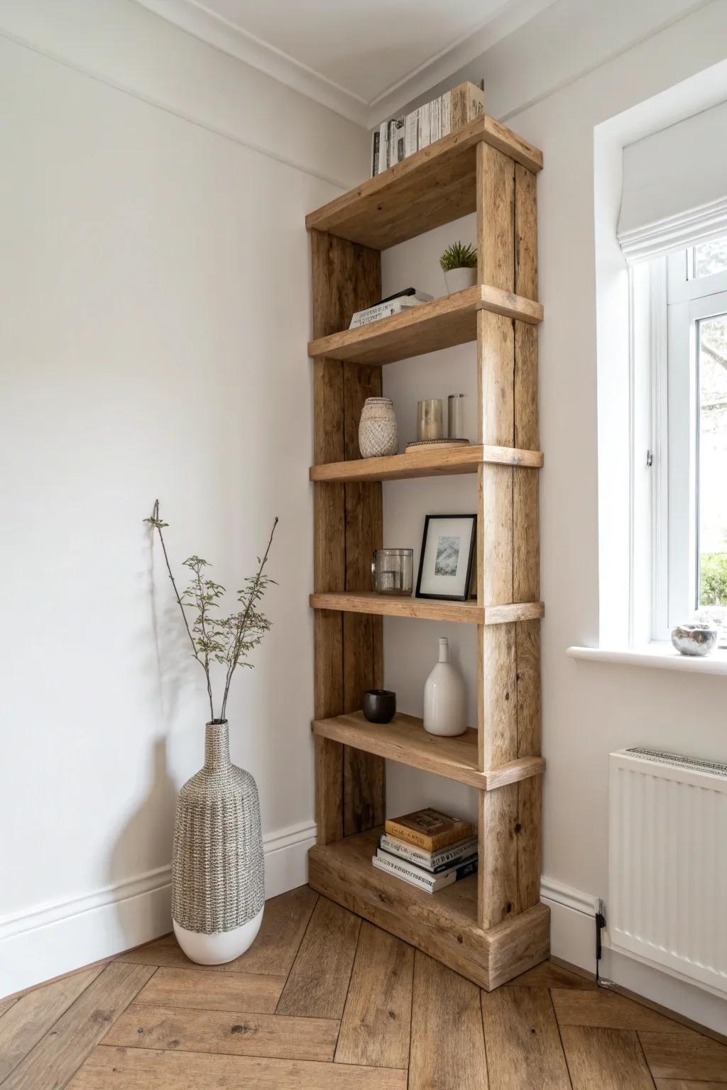 Zig-zag rustic corner shelves: sculptural storage that keeps tiny corners airy and styled.