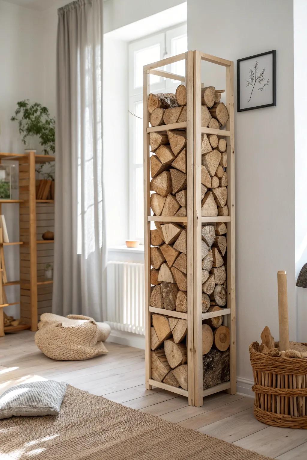 A cozy stacked firewood divider that adds rustic warmth and clean zone separation.