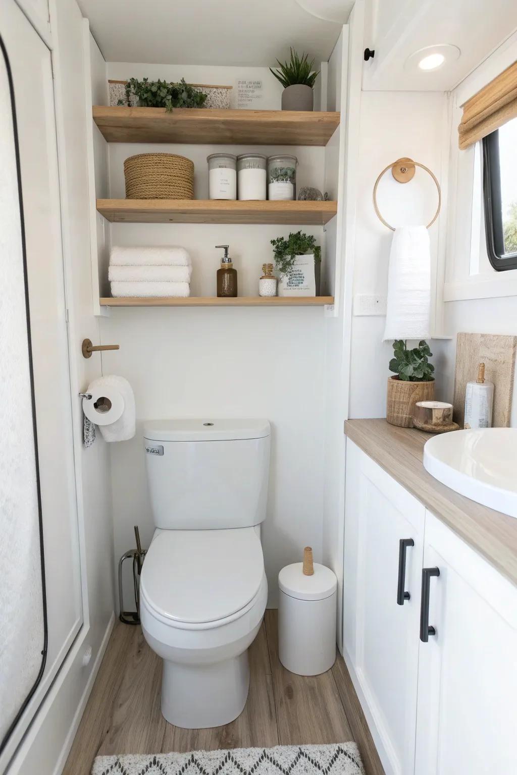 Slim tension shelf over the toilet—no drilling, just airy RV bathroom storage in minutes.