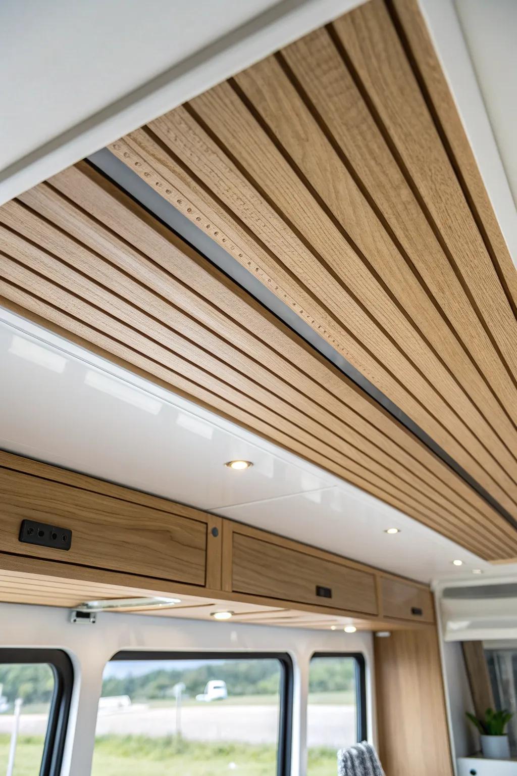 Slim oak furring strips add a soft ribbed ceiling look that visually lengthens your RV.
