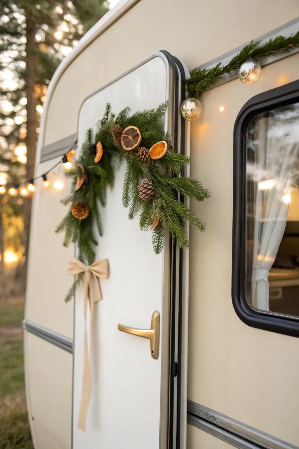 A tiny magnetic garland on the RV fridge—holiday charm with zero counters sacrificed.