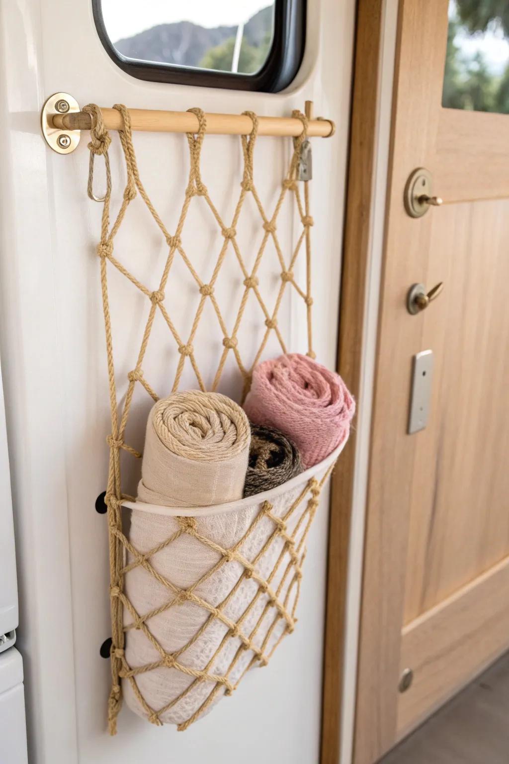 Stretch a cargo net on the closet door to corral socks and undies without bulky bins.