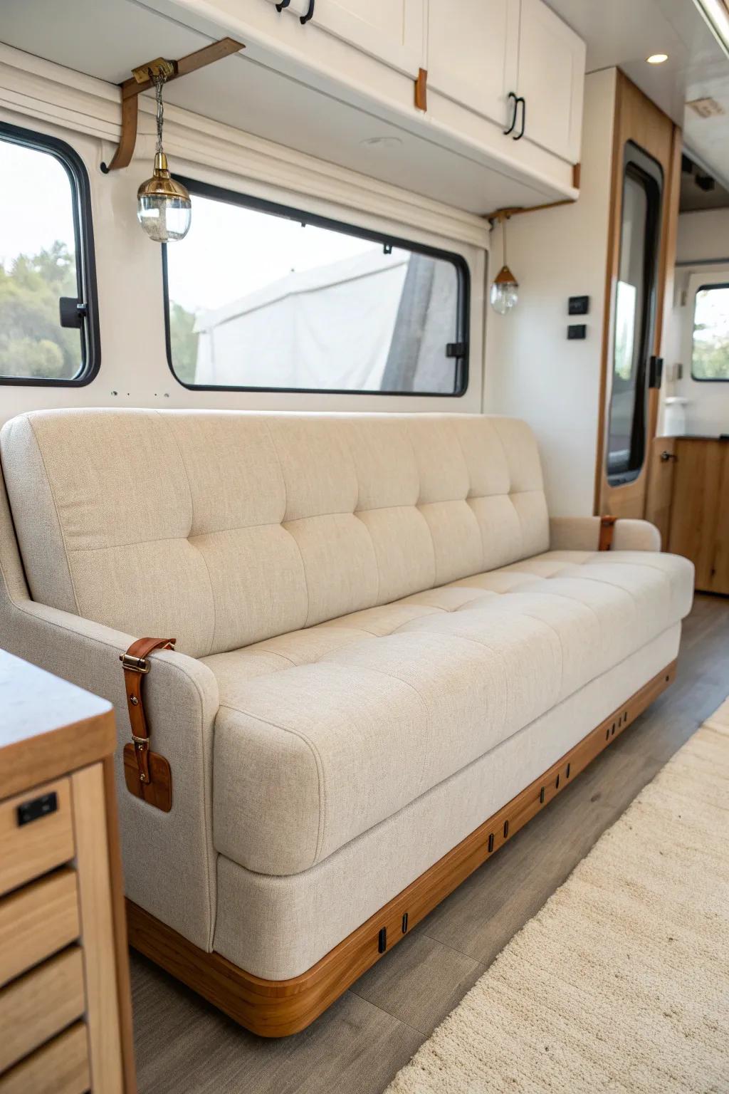 Pretty RV sofa that stays put—hidden anchors and clean lines for travel-ready style.