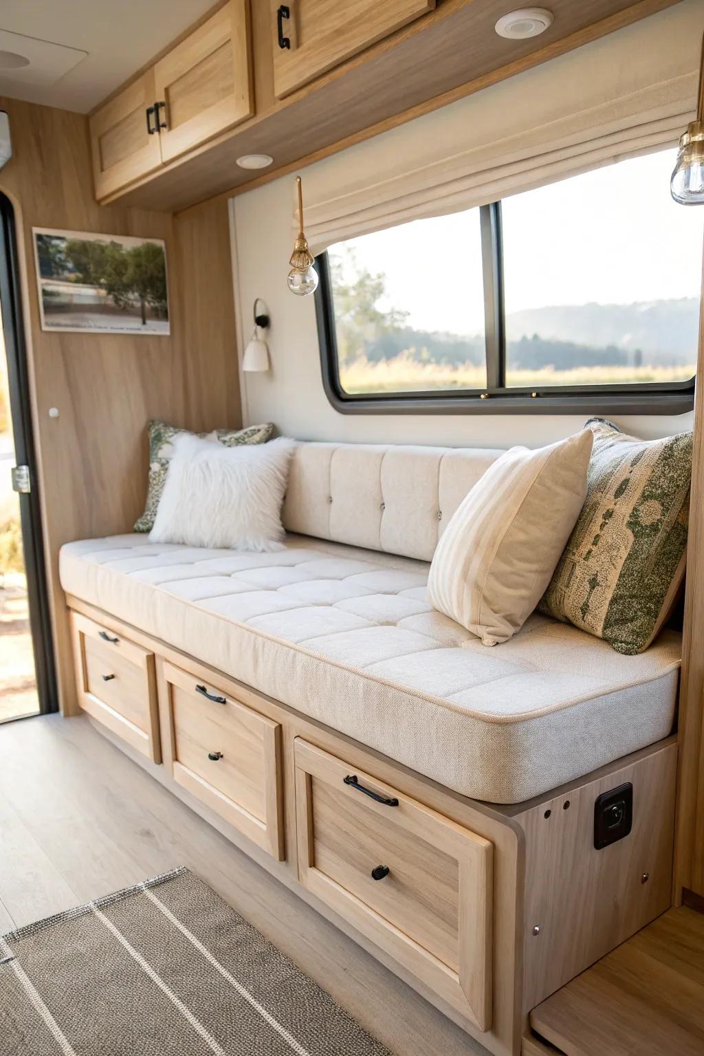 Build a slide-out banquette daybed with a fitted linen cushion and hidden drawers for RV storage.