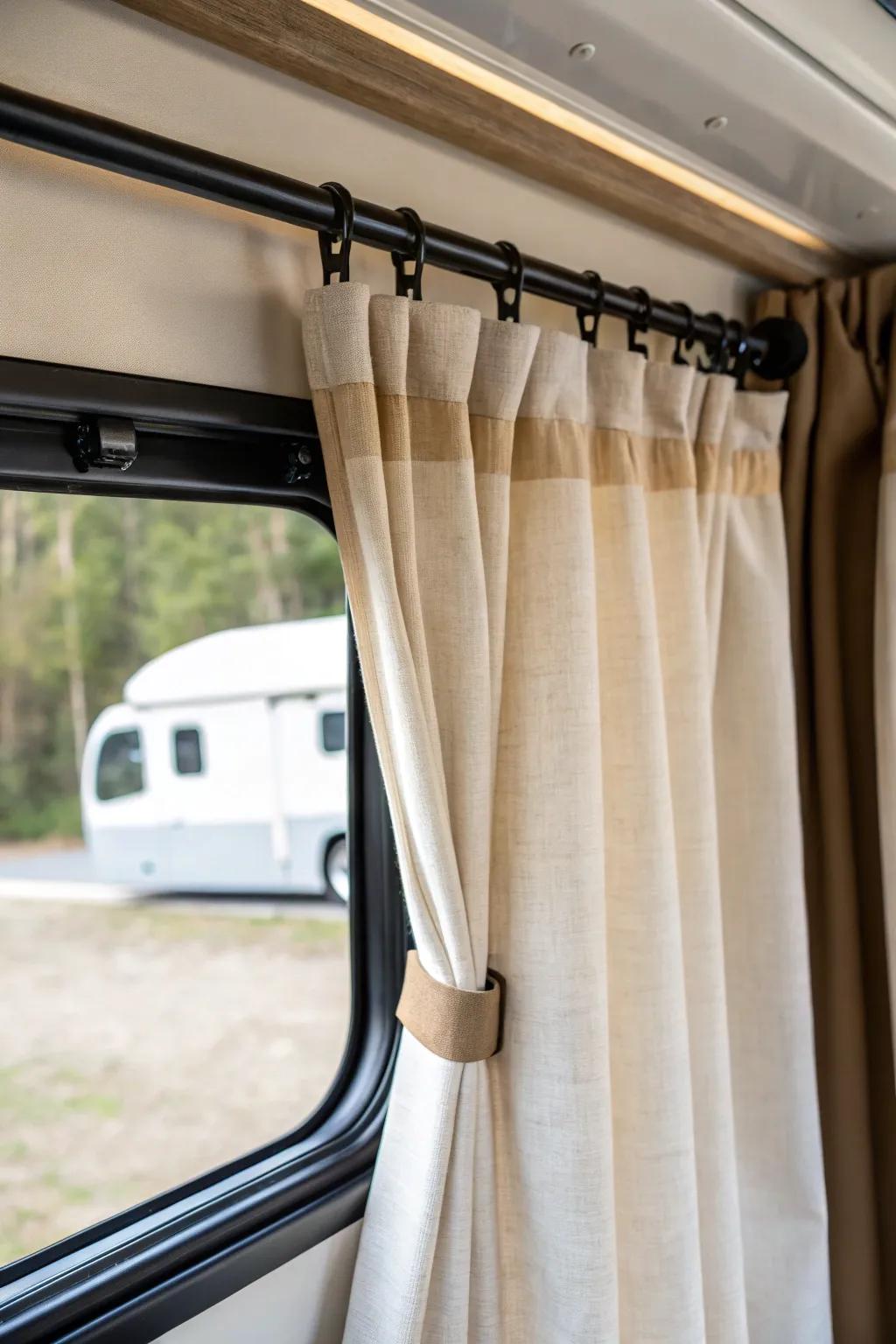 Thermal-lined RV curtains that block drafts at the glass—cozy, minimal, and four-season ready.