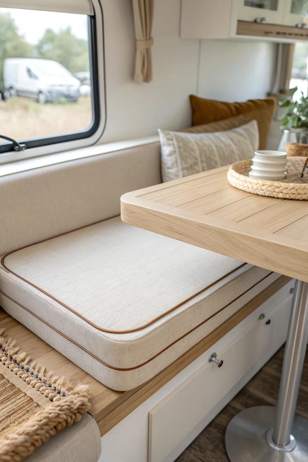 Custom-look cushions instantly turn an RV dinette into a soft, lounge-worthy nook.