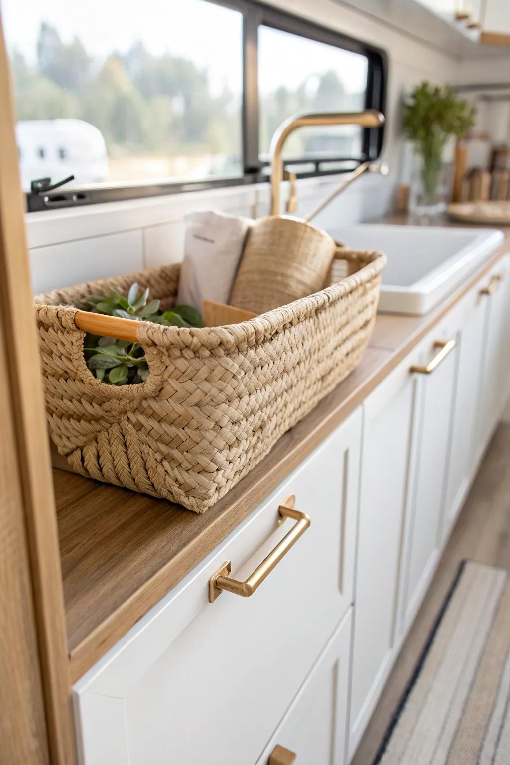 Over-cabinet rail + woven basket: a chic RV storage hack for light bulky essentials.