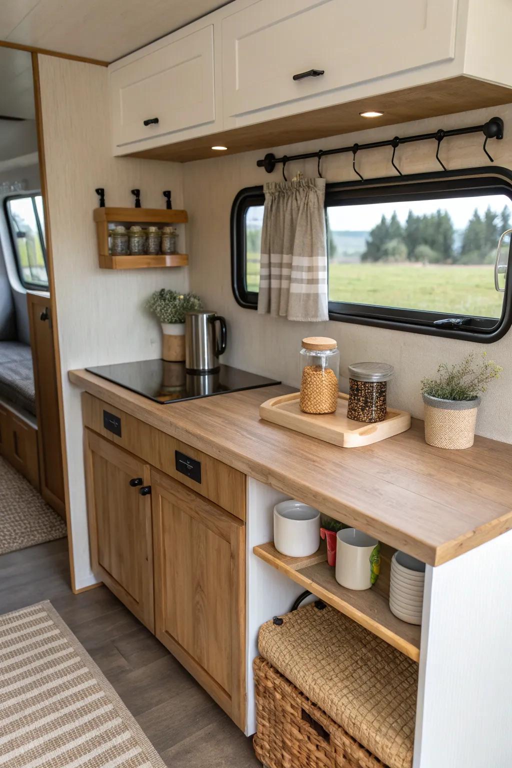 Turn your RV dinette into a boutique coffee bar with a chic mug wall and slim counter.