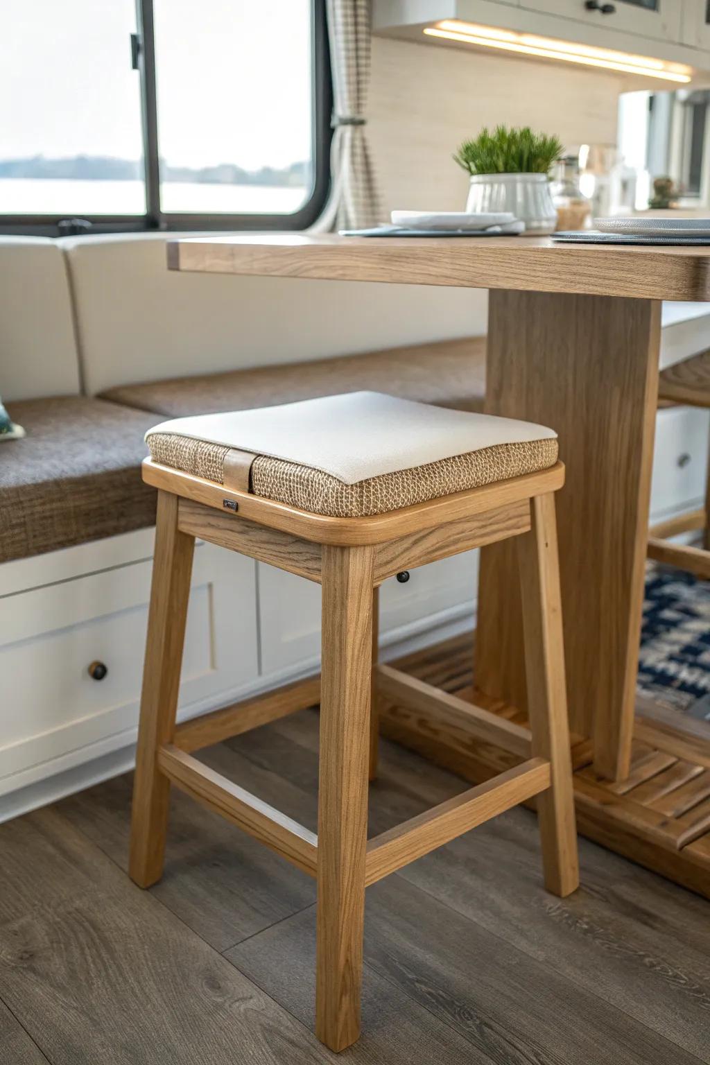 A tuck-under stool keeps the RV floor path clear and the dining nook airy, calm, and clutter-free.