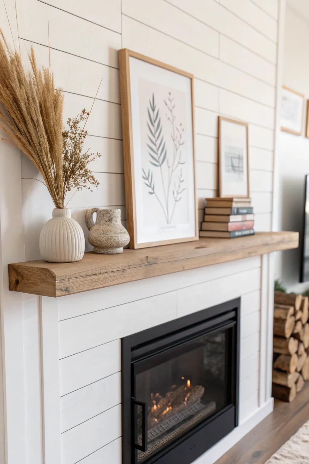 A slim picture ledge above the RV fireplace—easy, renter-friendly styling with no extra holes.