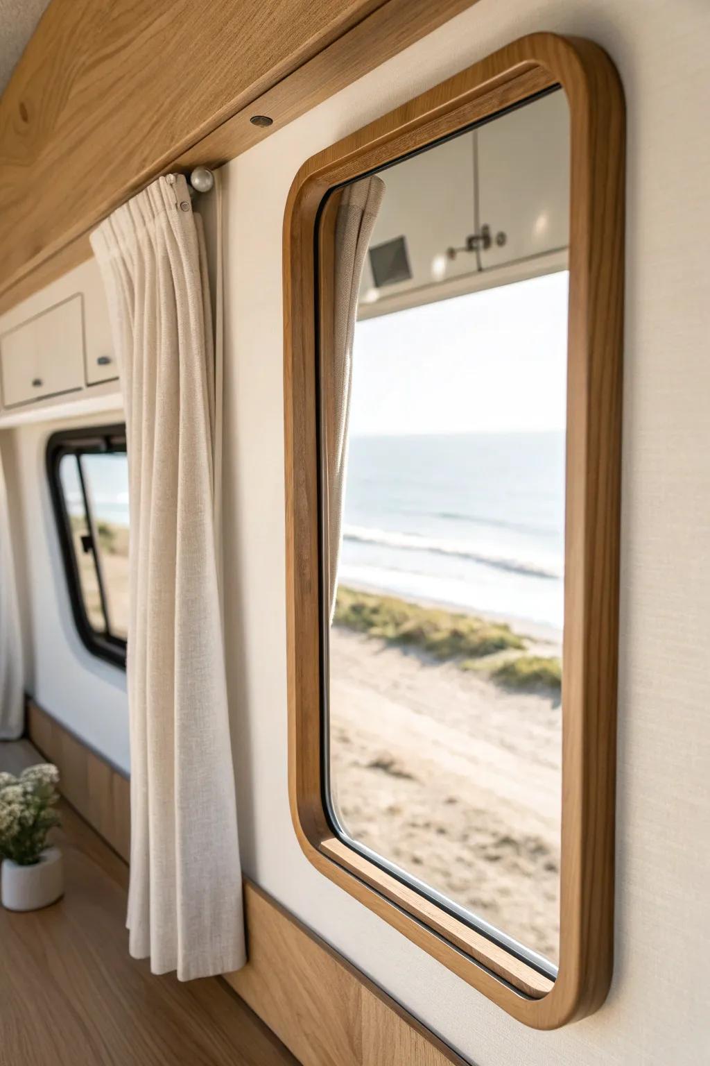 A slim mirror panel opposite the RV window doubles daylight and makes the aisle feel wider.