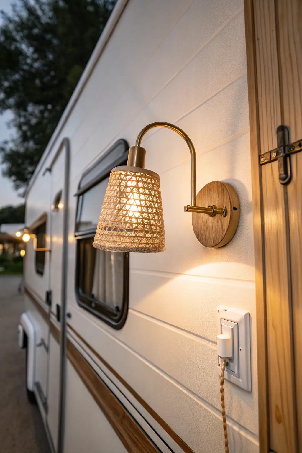 Swap harsh RV lights for a warm rattan sconce—cozy, apartment-like glow at night.