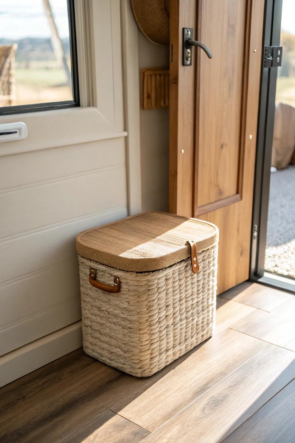 A lidded shoe bin by the RV door keeps muddy shoes hidden, odor-free, and clutter-free.