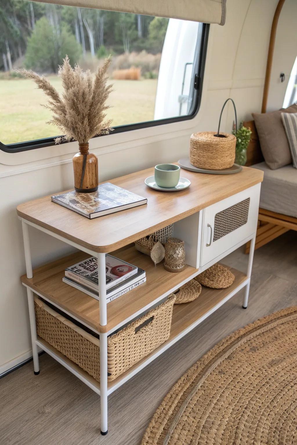 A two-level RV table with hidden storage keeps your tabletop calm, styled, and clutter-free.