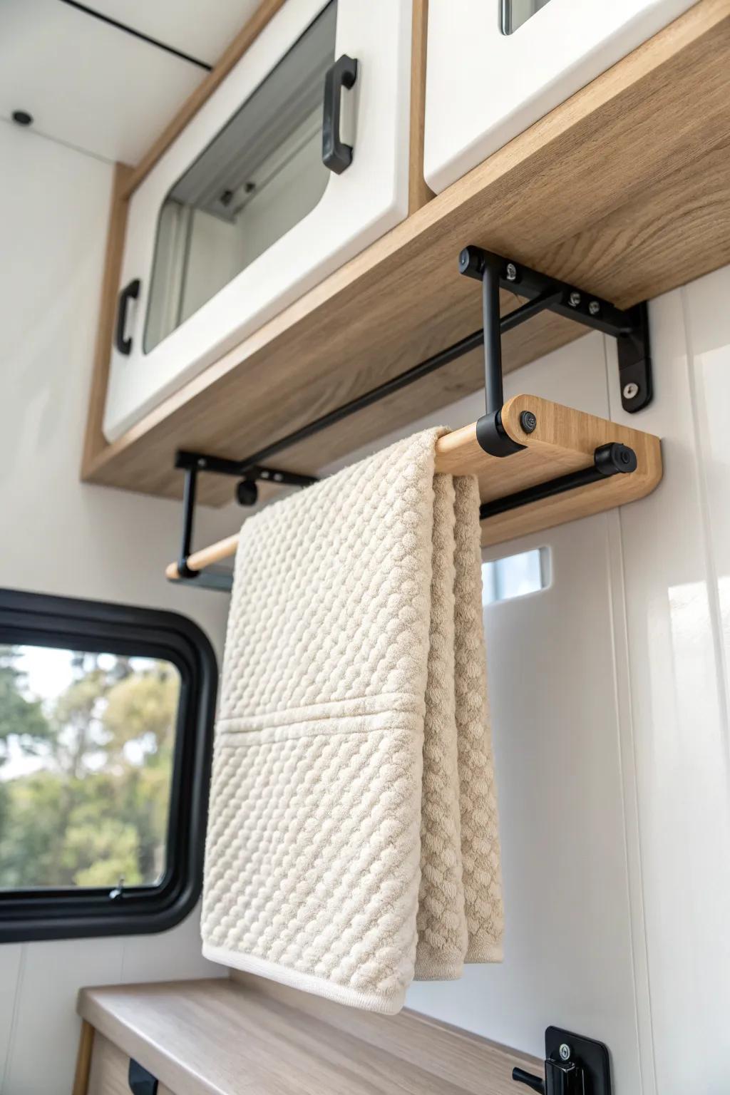 Smart under-shelf towel bar keeps your RV bath clutter-free—minimal, chic, and space-saving.