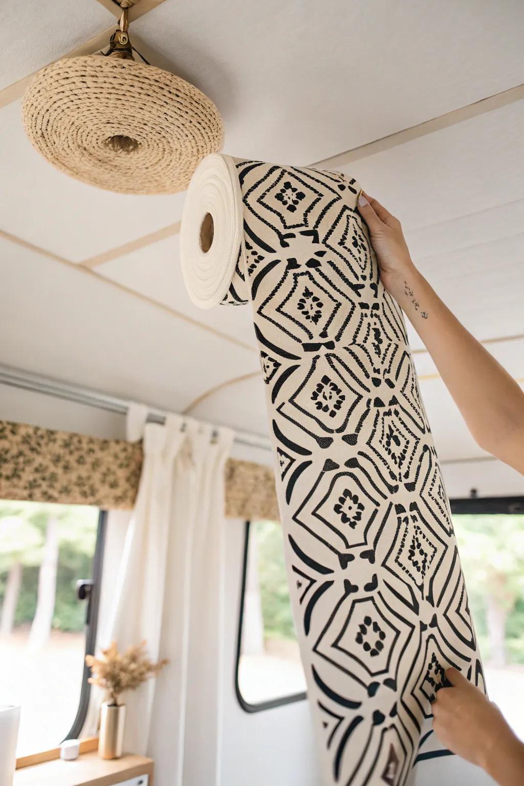Go bold overhead: high-contrast ceiling wallpaper that makes your RV feel designed.