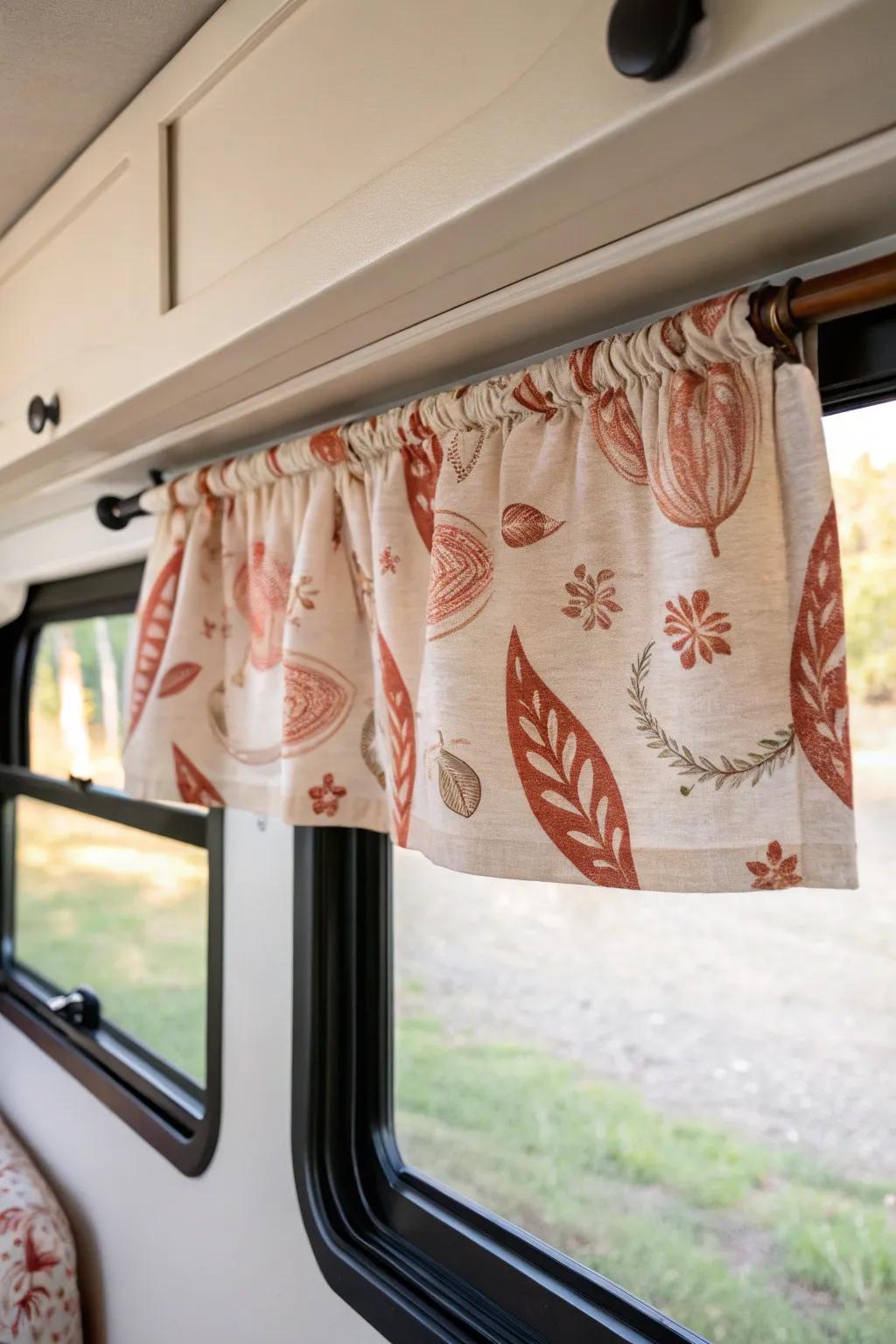 Flip it for a fresh season—reversible RV valance in linen + playful print, no extra storage.
