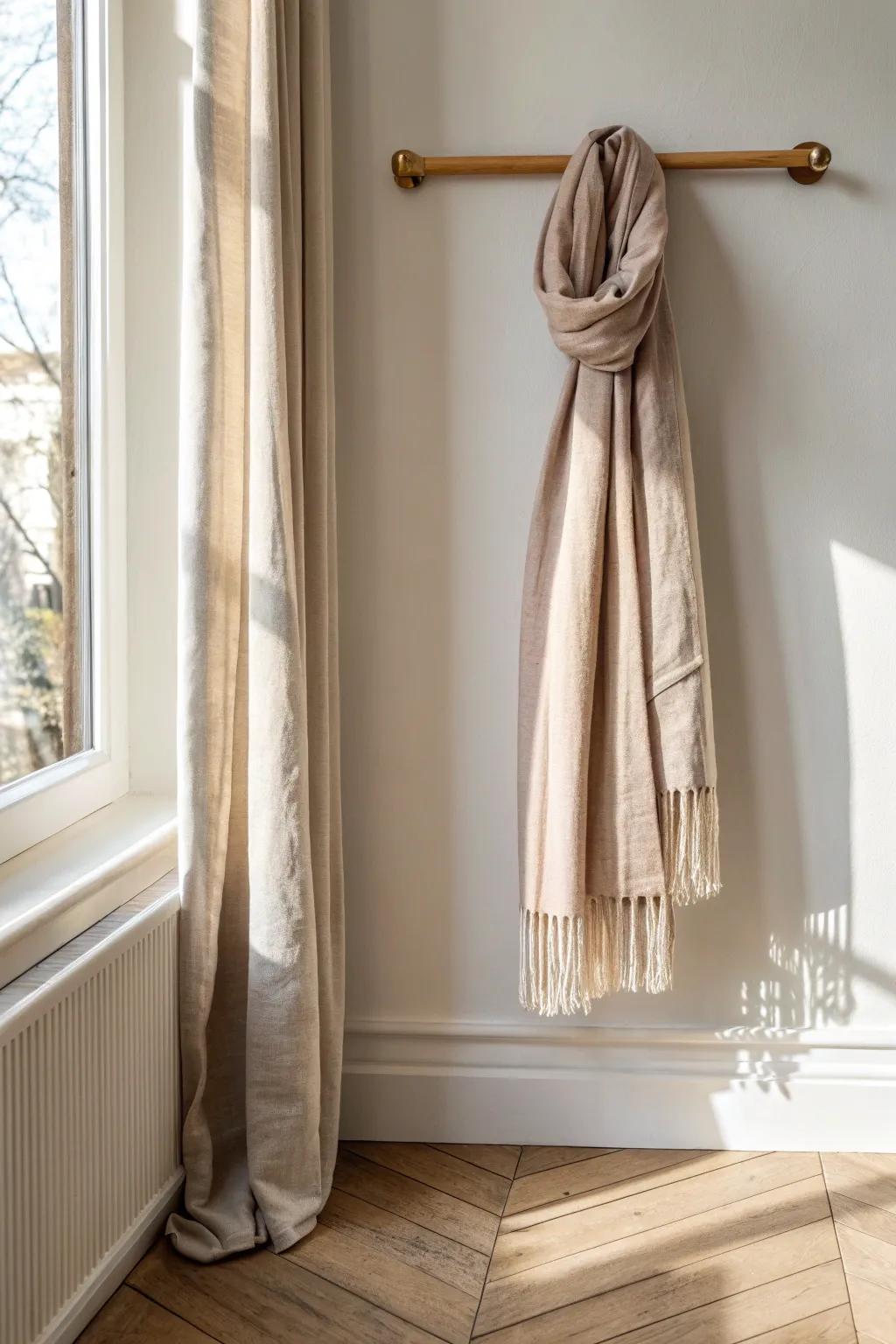 Turn a blank wall into art: hang scarves on a simple curtain rod for a sleek, wrinkle-free display.