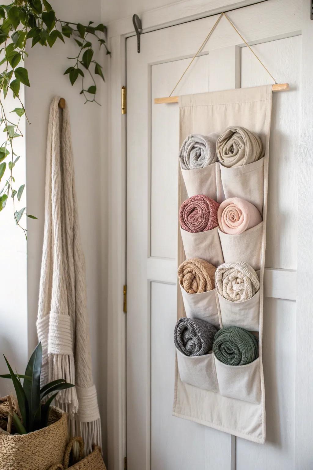 A pocket organizer keeps rolled scarves visible, tidy, and easy to grab in small spaces.