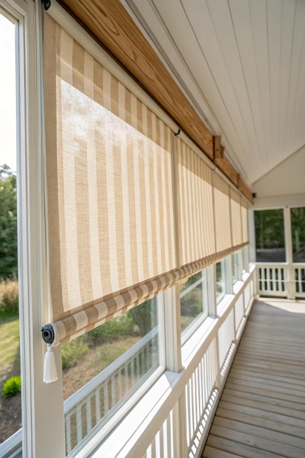 Roll-down shade screens: soften harsh sun, cool the porch, and protect textiles in style.