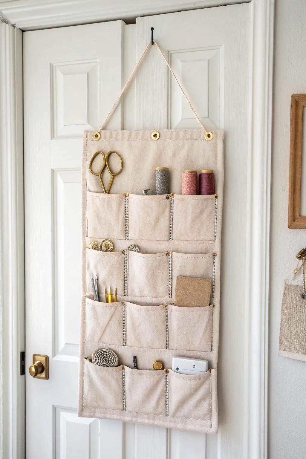 Turn any closet door into a calm notions wall—pockets for clips, markers, and bobbins.