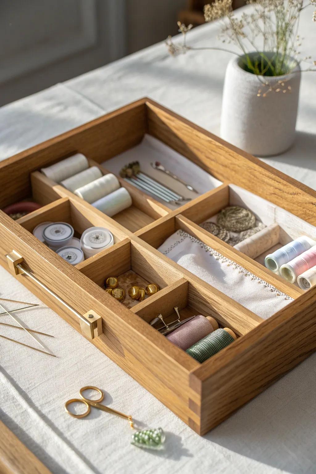 Drawer dividers turn tiny sewing notions into a calm, easy-to-reset system.