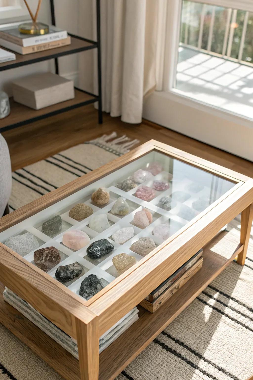 A dust-free shadow box coffee table showcasing stones and crystals in a soothing light-to-dark gradient.